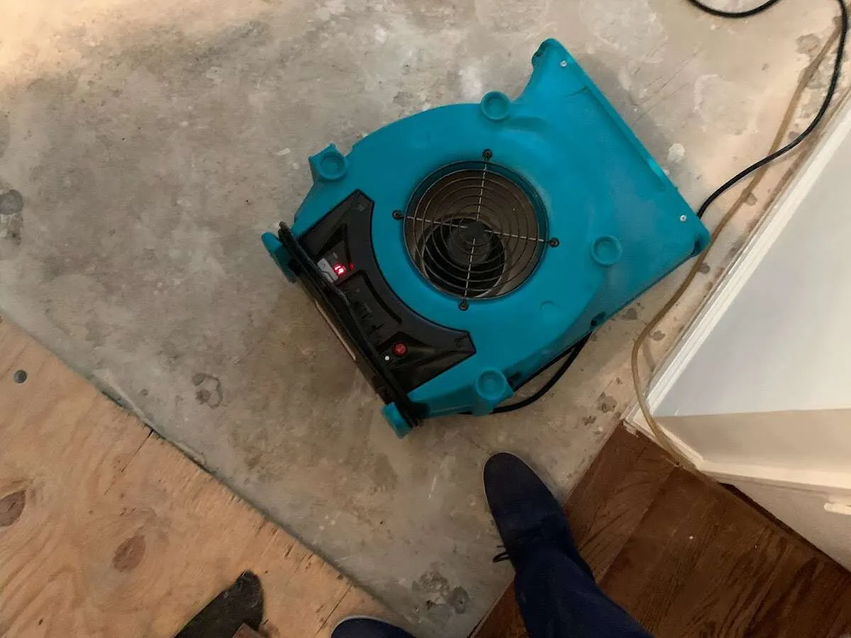 Air mover drying subfloor during Commercial Water Damage Restoration in East Lansing